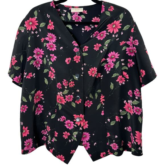 Vintage 90s Jaclyn Smith Plus Floral Button Up Blouse 1X Black Pink Flowercore - Picture 1 of 3